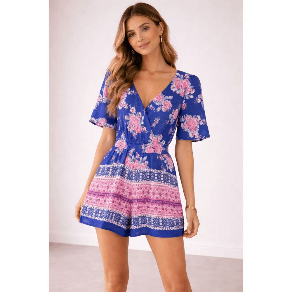 Trixxi Juniors Printed Flutter-Sleev Navy Floral Romper S